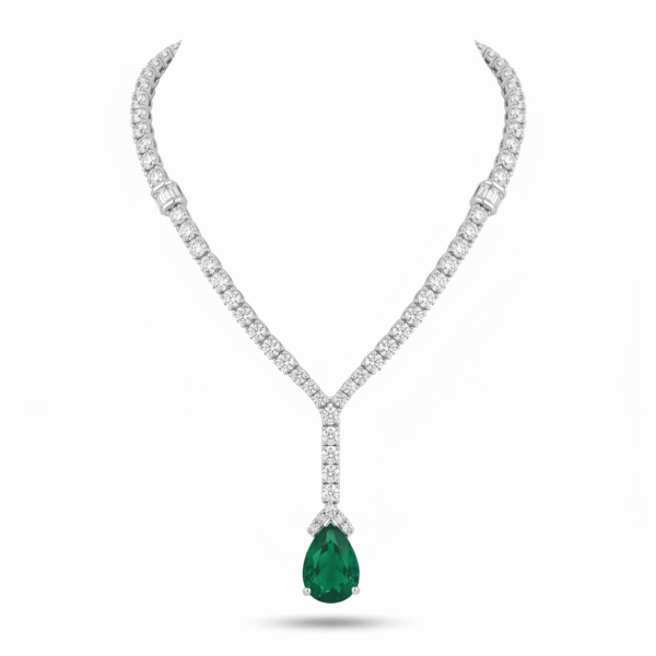 Lariat Diamond Necklace with Pear Shape Green Emerald