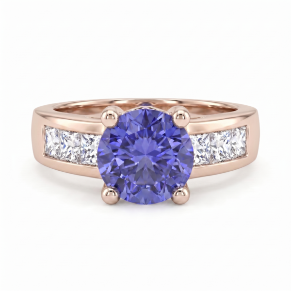 Round Blue Saphire Ring with Princess Cuts