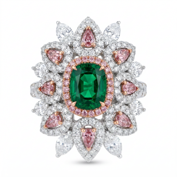 Green Oval Diamond Ring with Pink Pear Shape Diamonds
